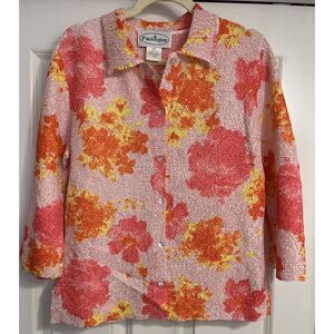 Floral Crinkle Blouse Top Large‎ 3/4 Sleeves Colorful Button Up Side Slits